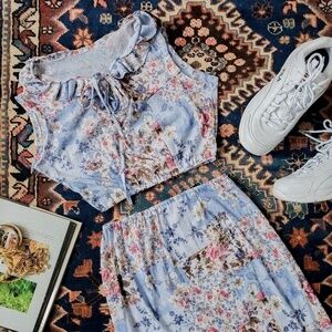 Vintage co-ord set floral sheer midi maxi skirt crop top coordinates cropped